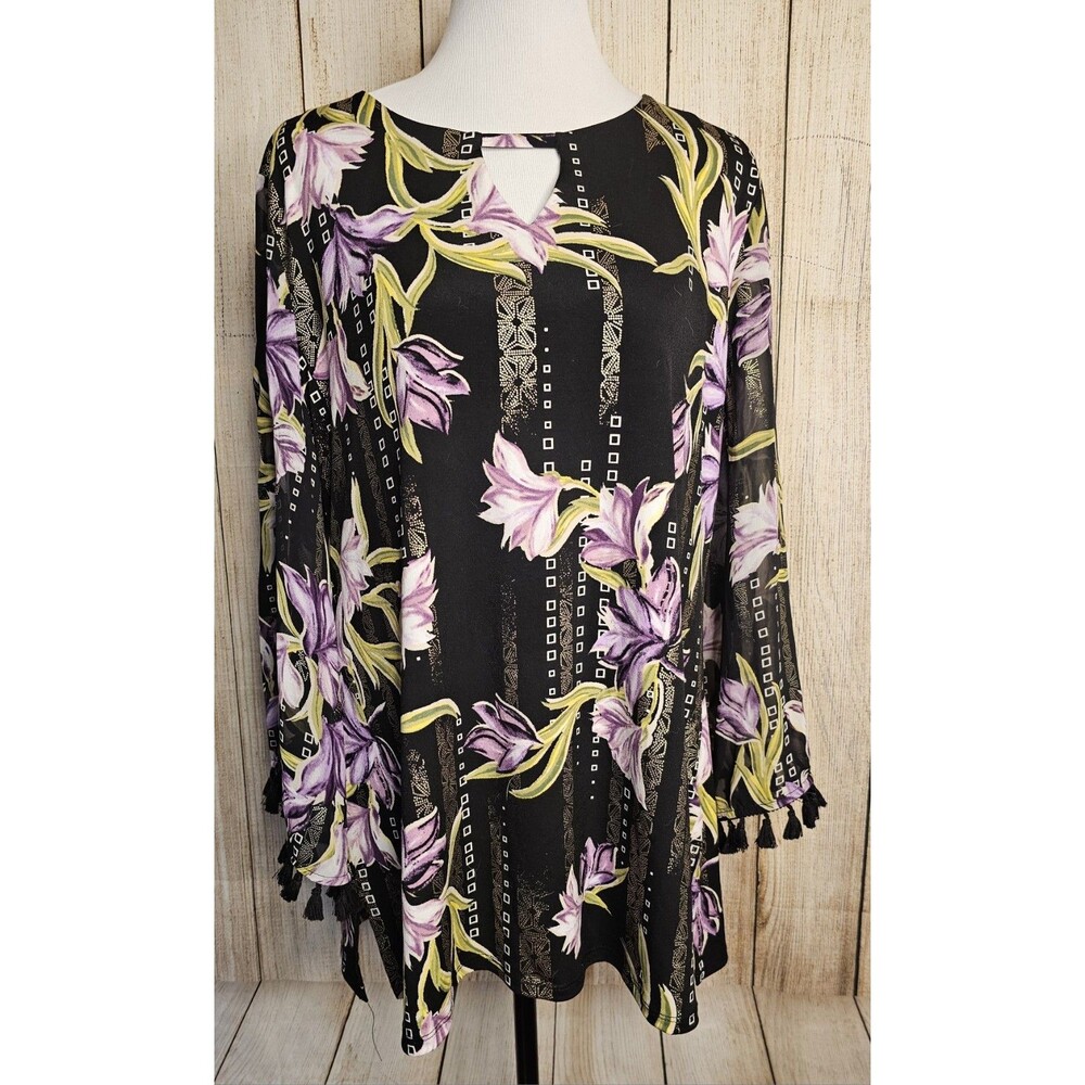 JM Collection Women’s Large Black Purple Floral Tunic Top Sheer Sleeves Tassel